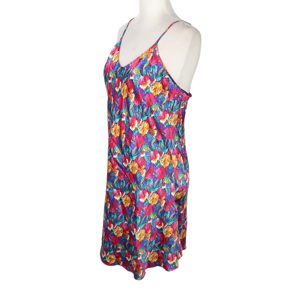 Vintage 90s pink multicolor floral print satin mini slip dress M - Picture 3 of 5